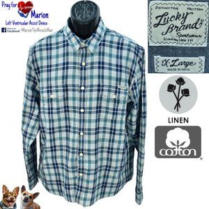 Lucky Brand XL Blue Plaid Long Sleeve 2 Ply Flannel w/ Pockets 7MD4806